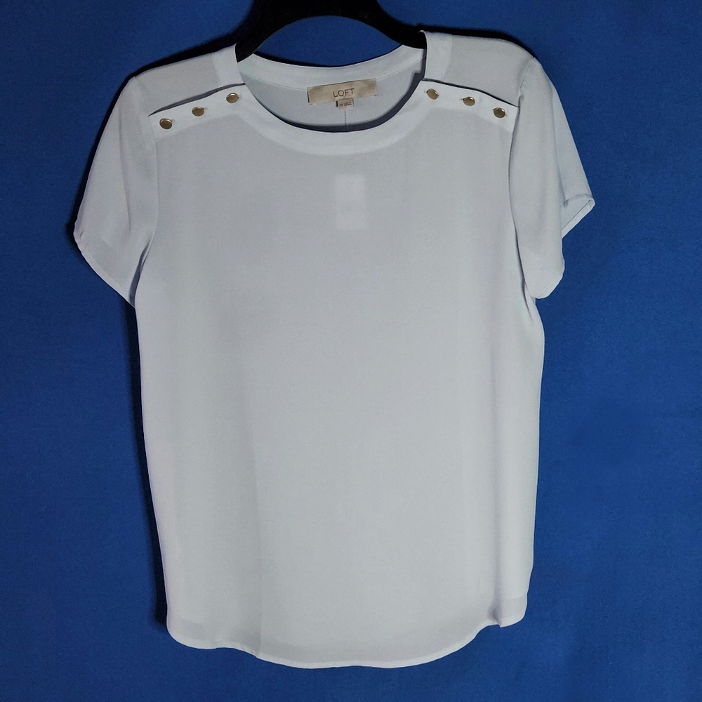 Loft Women's Powder Blue Short Sleeve Top Crew Neckline Gold Accent Buttons